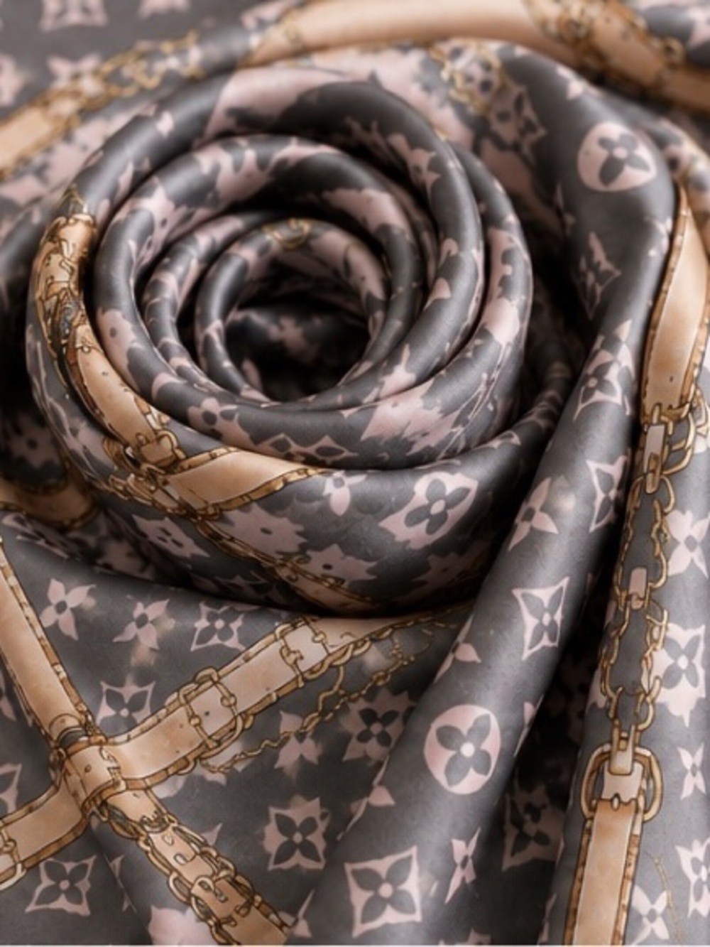 Grey & Pink Chain Print Silk Inspired Scarf - Picture 3 of 3